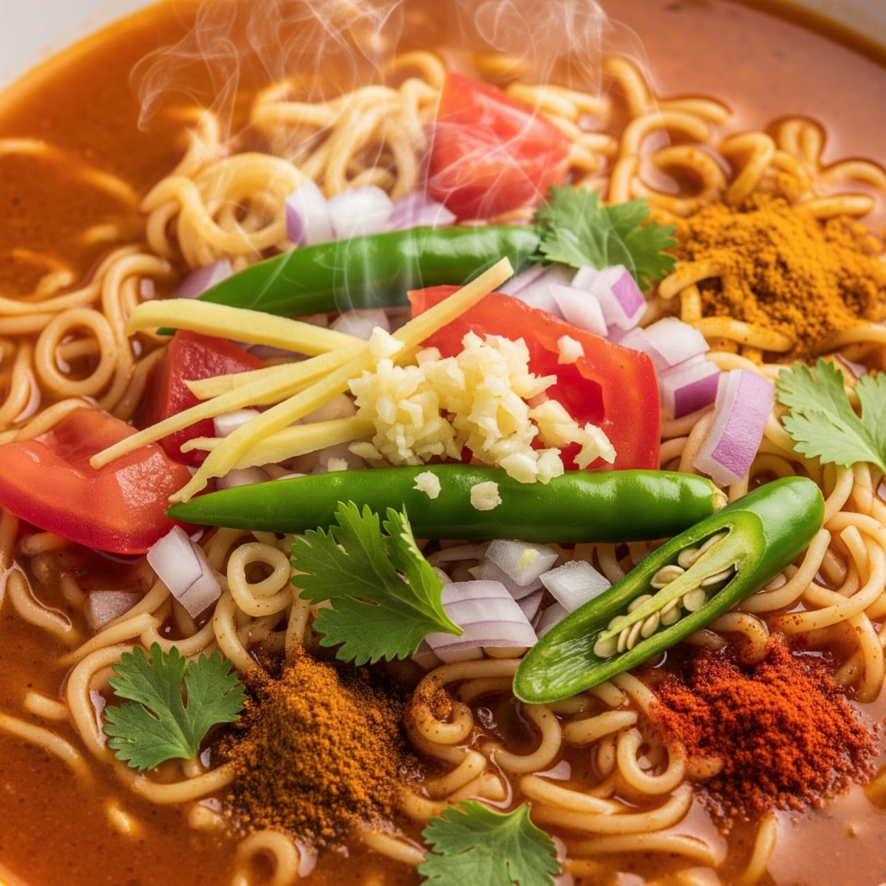 Fiery spicy Maggi noodles served hot during monsoon